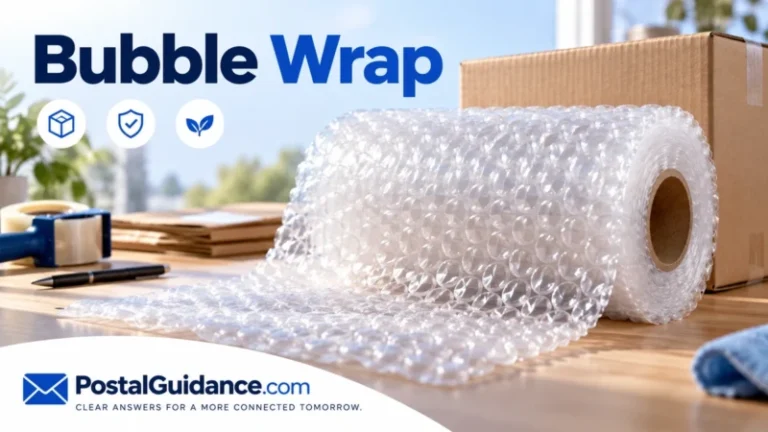 Bubble Wrap headline beside a clear bubble wrap roll and plain cardboard box.