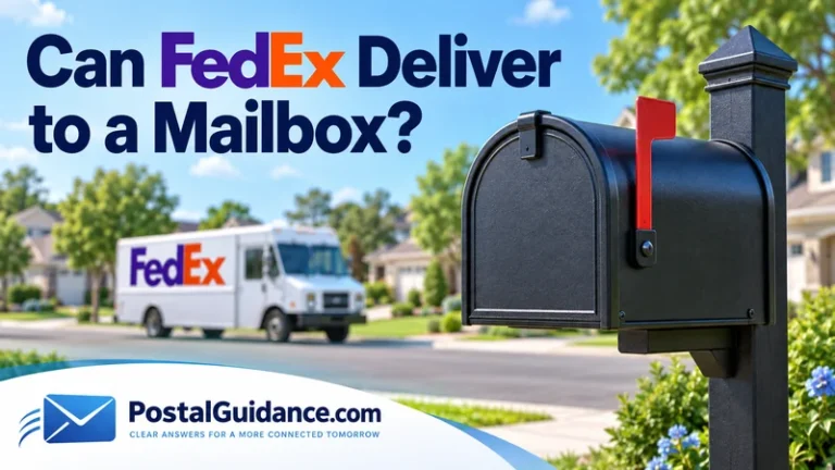 Closed curbside mailbox with a FedEx truck in the background.