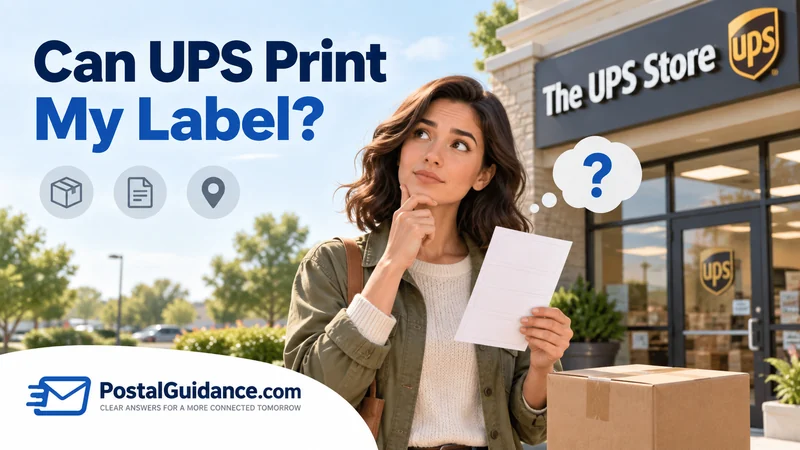 Customer holding blank label paper beside a parcel outside The UPS Store beneath the question Can UPS Print My Label?