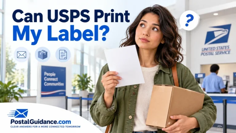 Customer holding blank paper and a parcel in a post office beneath the question Can USPS Print My Label?