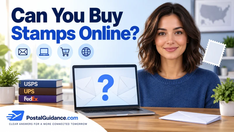 Customer beside a laptop displaying a question mark. Headline: Can You Buy Stamps Online?