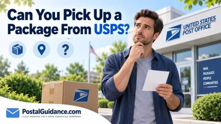 Customer holding a blank slip beside a parcel outside a post office. Headline: Can You Pick Up a Package From USPS?