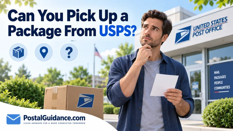 Customer holding a blank slip beside a parcel outside a post office. Headline: Can You Pick Up a Package From USPS?