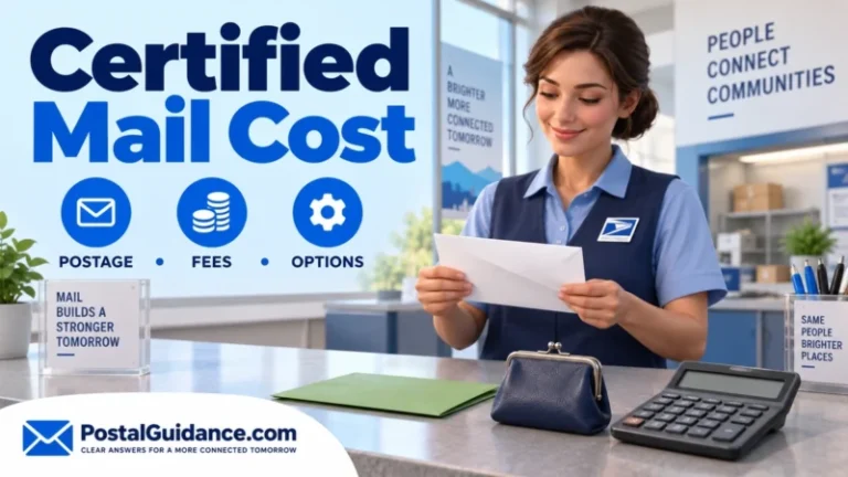 Postal clerk with an envelope, coin purse and blank calculator for Certified Mail cost.
