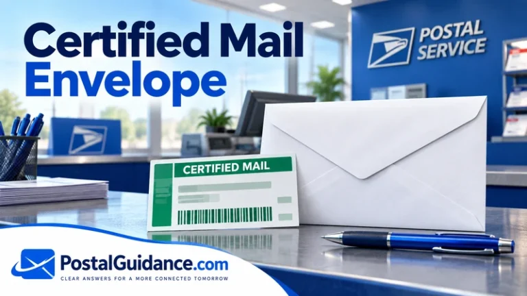 White envelope beside a green Certified Mail label and blue pen.