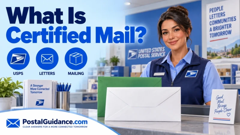 Postal clerk with white and green envelopes beneath a Certified Mail question.