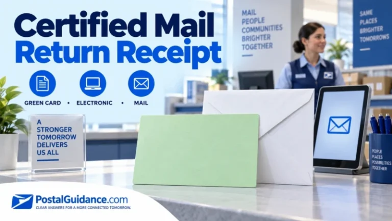 Green receipt card, white envelope and tablet illustrating Certified Mail return receipts.