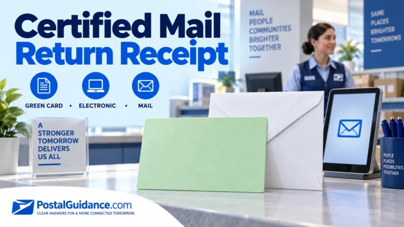 Green receipt card, white envelope and tablet illustrating Certified Mail return receipts.