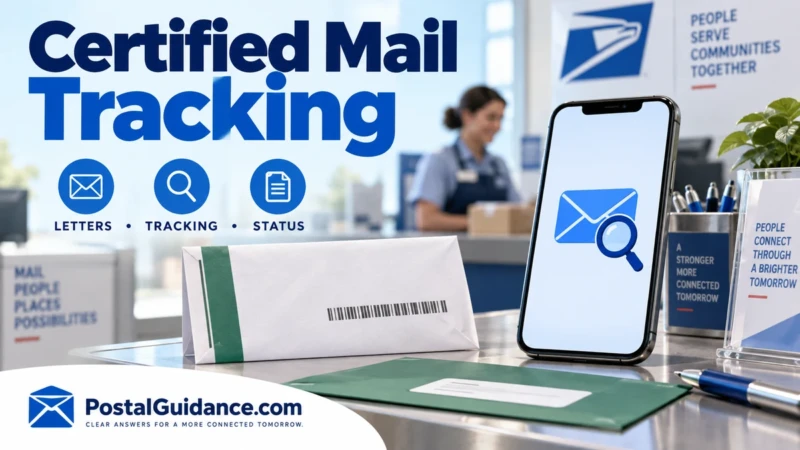 Phone displaying an envelope and magnifying glass beside Certified Mail stationery.