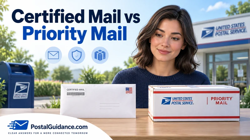 Customer comparing a Certified Mail envelope and Priority Mail parcel. Headline: Certified Mail vs Priority Mail