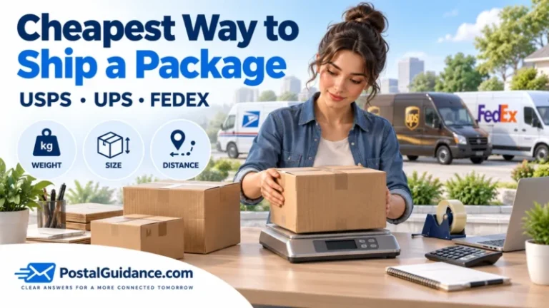 Cheapest way to ship a package illustration with a parcel on a scale and USPS, UPS, and FedEx vans.