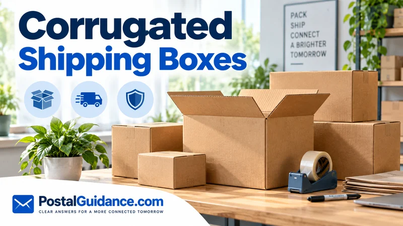 Corrugated cardboard shipping boxes arranged on a bright packing workbench. Headline: Corrugated Shipping Boxes