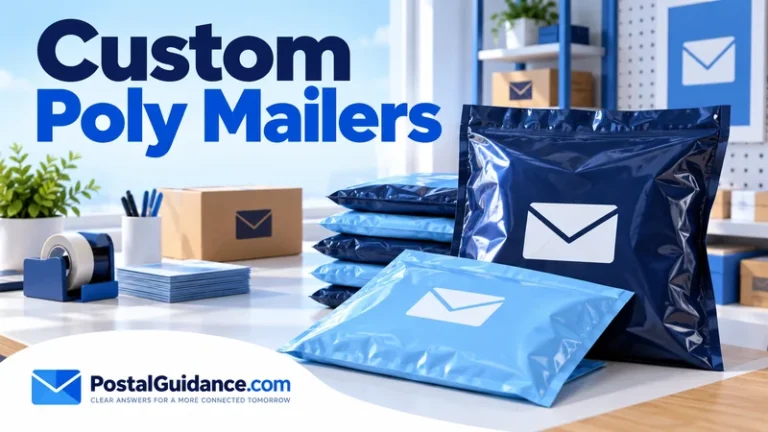 Custom navy and blue poly mailers with envelope motifs.