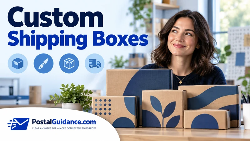 Custom-patterned shipping boxes with a business owner behind them. Headline: Custom Shipping Boxes