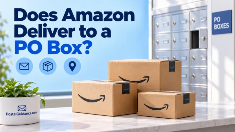 Amazon parcels in front of PO boxes under a question about PO box delivery.