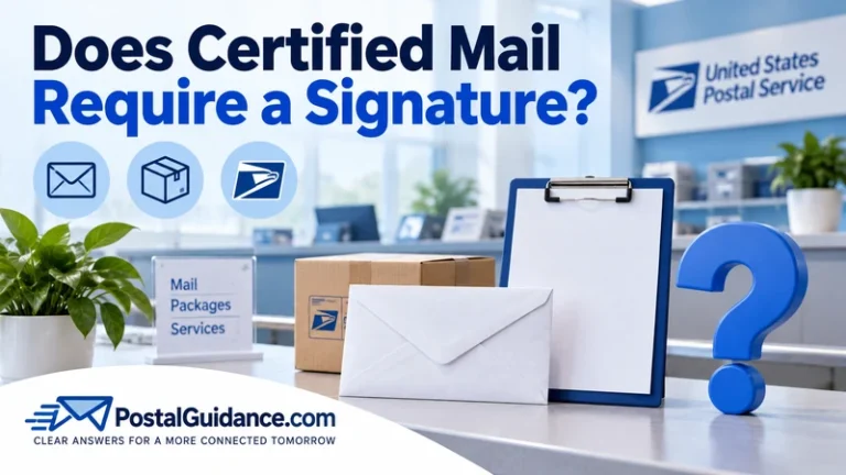 Plain envelope and blank clipboard on a postal counter. Headline: Does Certified Mail Require a Signature?