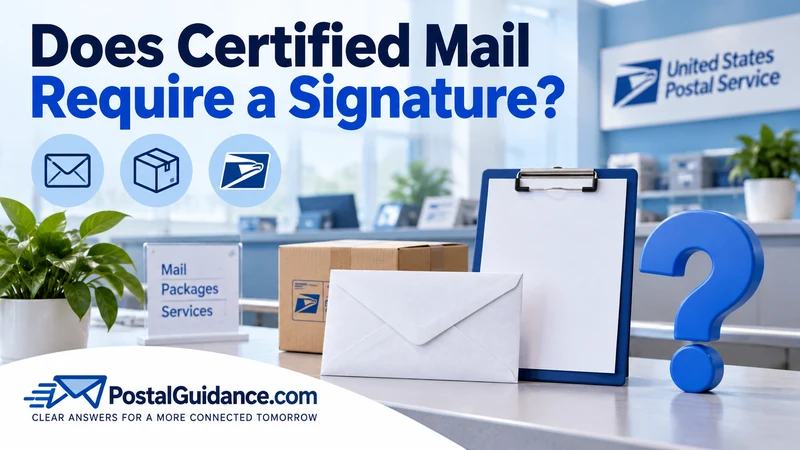Plain envelope and blank clipboard on a postal counter. Headline: Does Certified Mail Require a Signature?