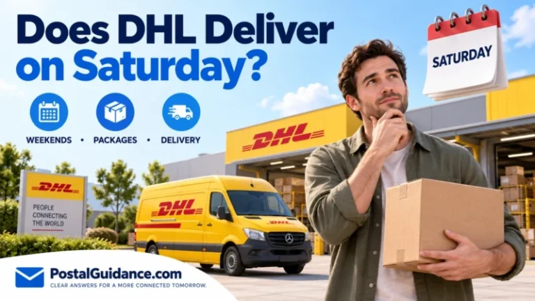 Customer holding a parcel outside a DHL depot with a Saturday calendar.