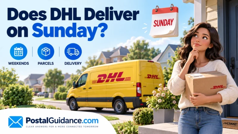 Woman holding a parcel near a yellow DHL van with a Sunday calendar.