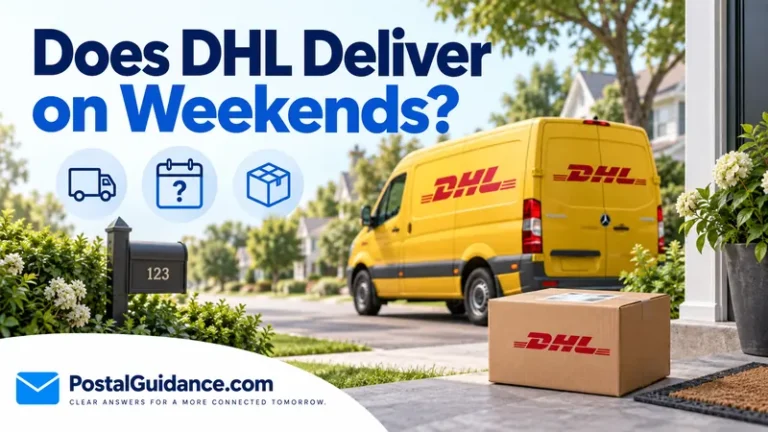 Yellow DHL van and parcel on a residential street beneath a weekend-delivery question. Headline: Does DHL Deliver on Weekends?