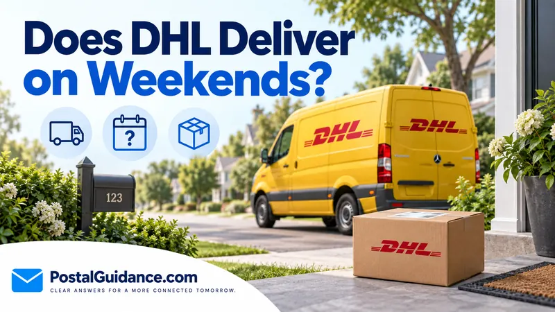 Yellow DHL van and parcel on a residential street beneath a weekend-delivery question. Headline: Does DHL Deliver on Weekends?