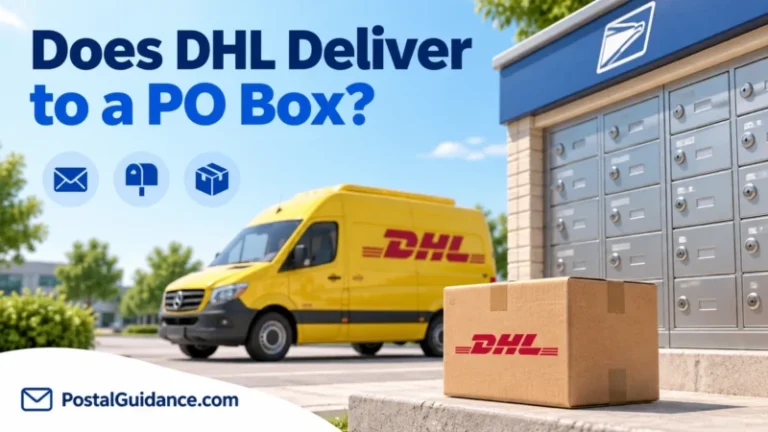 DHL van and parcel beside a bank of PO boxes under a delivery question.
