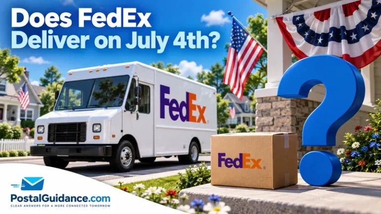 FedEx truck and parcel with patriotic bunting and a question mark.