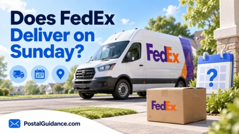 FedEx van and parcel beside a calendar question mark for Sunday delivery.