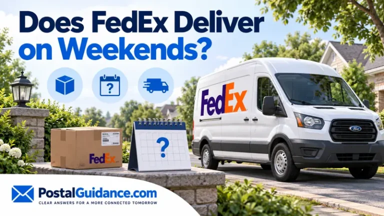 FedEx van and parcel beside a question-mark calendar on a residential street. Headline: Does FedEx Deliver on Weekends?