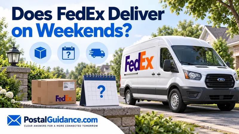 FedEx van and parcel beside a question-mark calendar on a residential street. Headline: Does FedEx Deliver on Weekends?