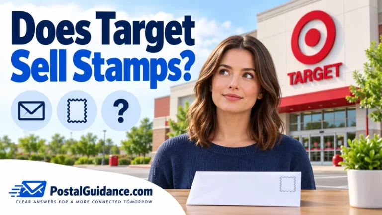 Customer outside Target with an envelope. Headline: Does Target Sell Stamps?