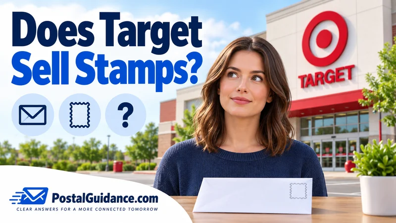 Customer outside Target with an envelope. Headline: Does Target Sell Stamps?