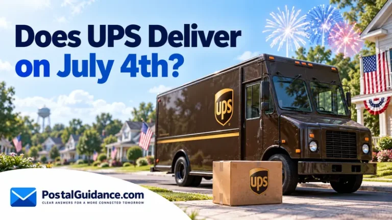 UPS truck and parcel with American flags and Fourth of July fireworks.