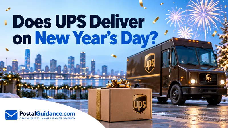 UPS truck and gift parcel with New Year's fireworks.