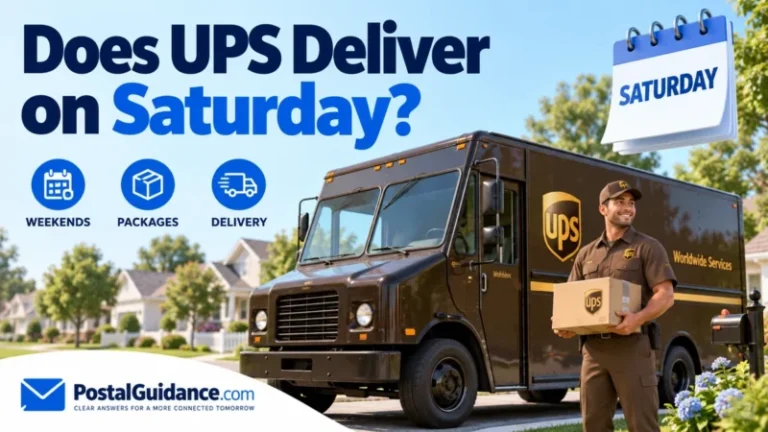UPS courier holding a parcel beside a brown truck with a Saturday calendar.