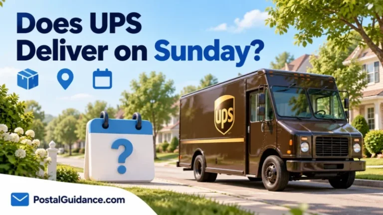 UPS truck on a suburban street beside a calendar question mark for Sunday delivery.