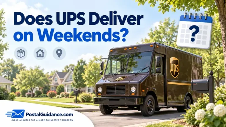 UPS truck on a leafy residential street beneath the question Does UPS Deliver on Weekends?