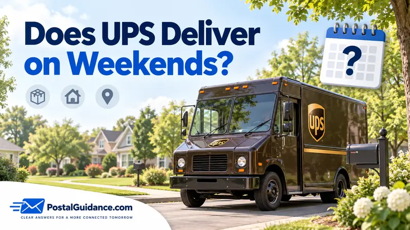 UPS truck on a leafy residential street beneath the question Does UPS Deliver on Weekends?