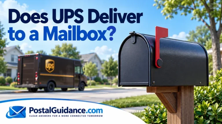 Closed curbside mailbox with a UPS truck in the background.