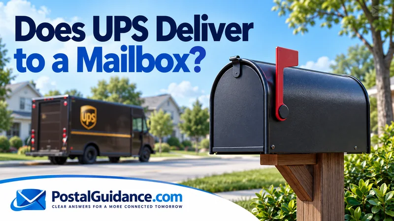 Closed curbside mailbox with a UPS truck in the background.