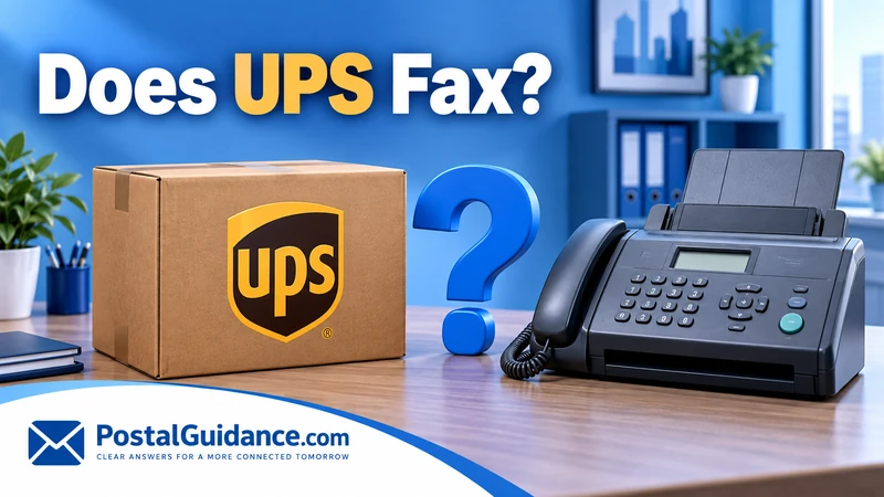 Fax machine beside a UPS parcel and blue question mark.