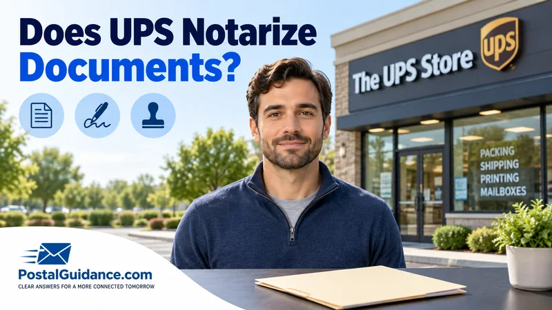 Customer outside The UPS Store with a plain folder. Headline: Does UPS Notarize Documents?