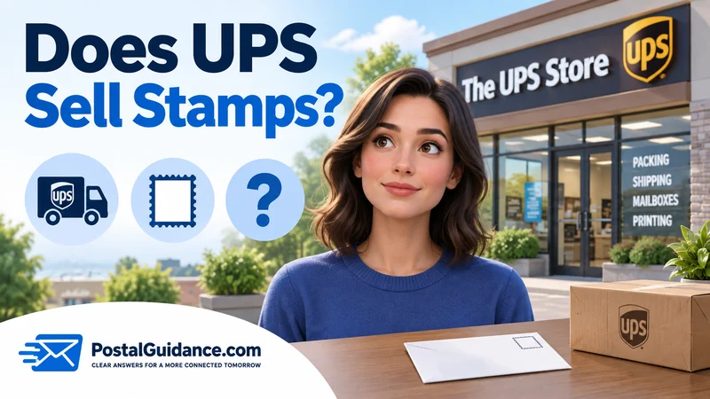 Customer outside The UPS Store with an envelope and stamp-outline icon. Headline: Does UPS Sell Stamps?