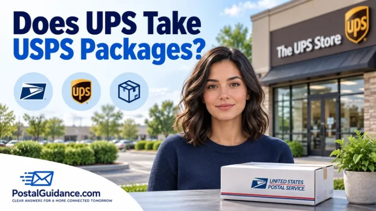 Customer outside The UPS Store with a USPS parcel. Headline: Does UPS Take USPS Packages?