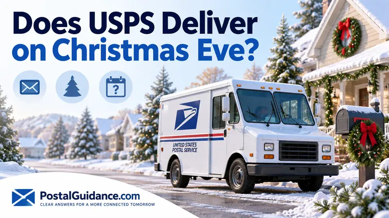 USPS truck on a snowy residential street decorated for Christmas. Headline: Does USPS Deliver on Christmas Eve?