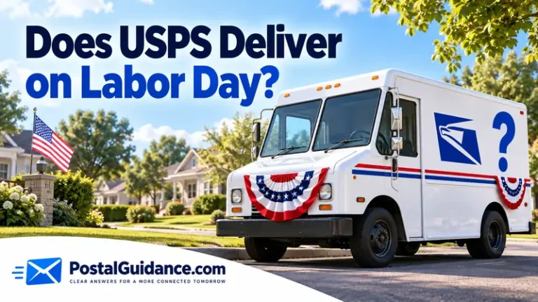 USPS truck with patriotic bunting and a Labor Day question mark.