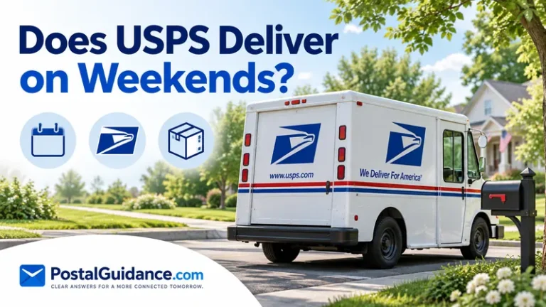 USPS truck on a leafy residential street beneath a weekend-delivery question. Headline: Does USPS Deliver on Weekends?