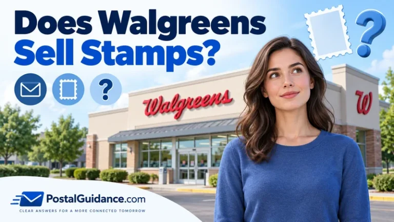 Front-facing customer outside Walgreens with stamp and question-mark icons. Headline: Does Walgreens Sell Stamps?
