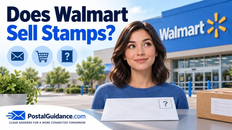 Customer outside Walmart with a question-mark envelope. Headline: Does Walmart Sell Stamps?