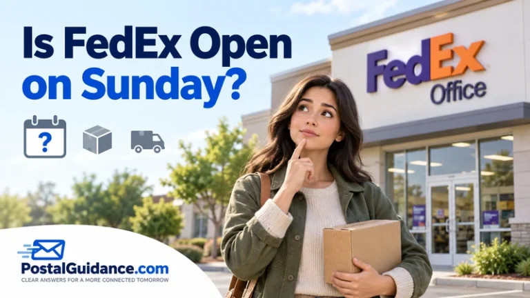 Customer with a parcel outside a FedEx location beneath the question Is FedEx Open on Sunday?